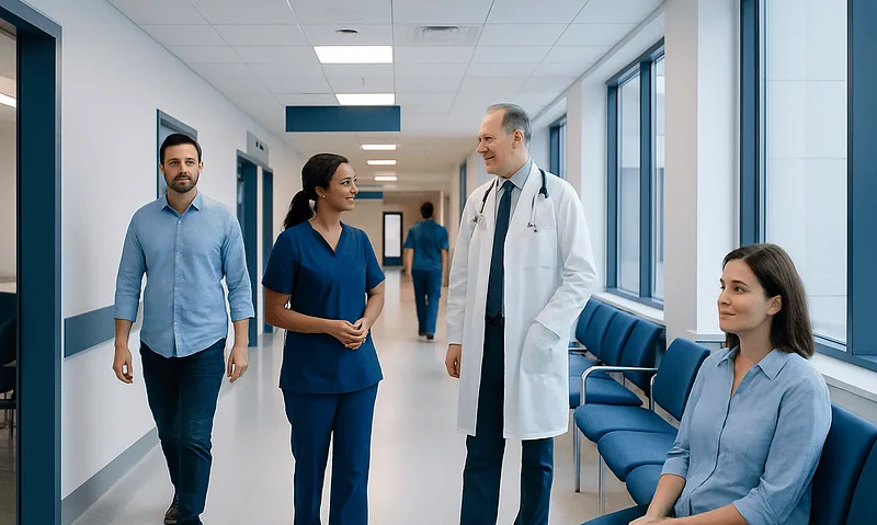 Medical team discussing patient care in hospital corridor.