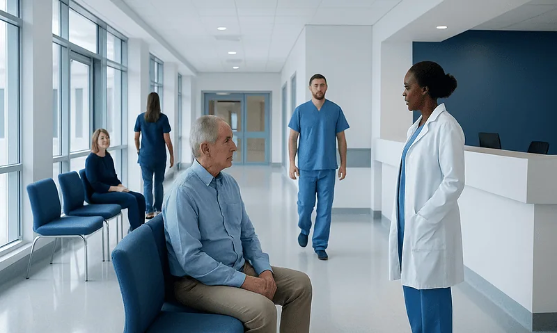 Hospital waiting area with medical staff and patient in consultation.