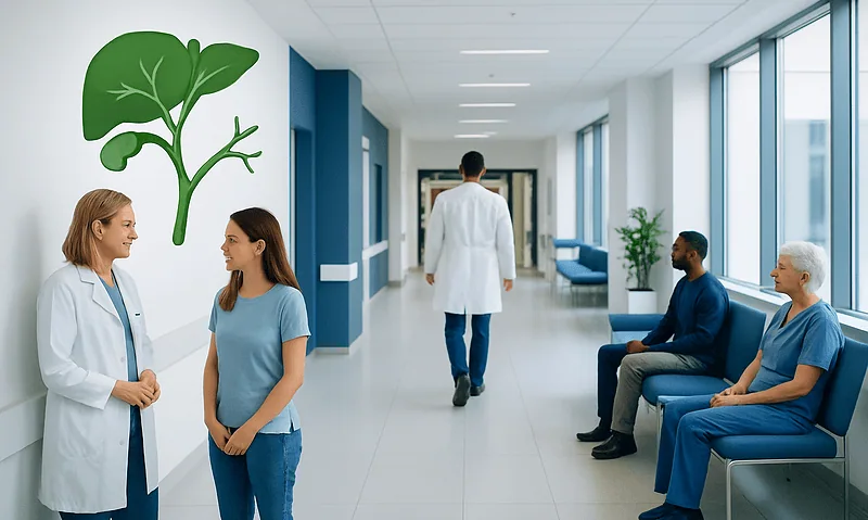 Hospital corridor with doctors and patients, liver illustration on wall.