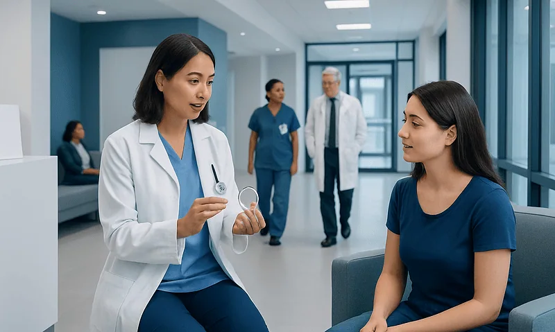 Doctor explaining birth control ring options to a patient in a hospital corridor.