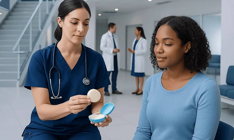 Nurse explaining birth control sponge to patient in clinic setting.