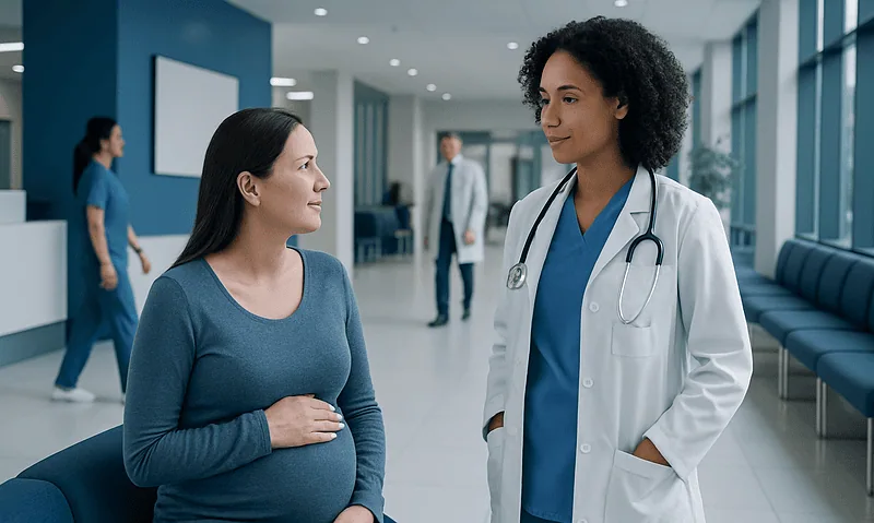Pregnant woman consulting with a doctor in a hospital corridor.
