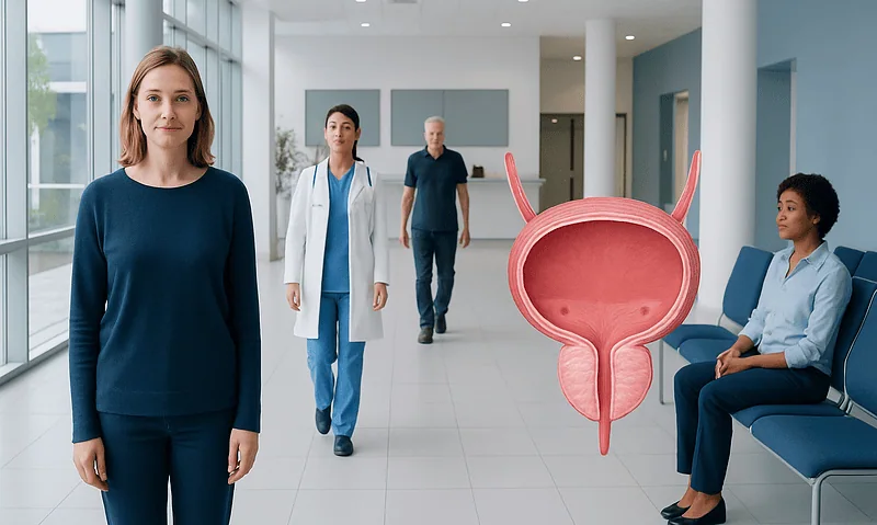 Medical professionals and patient in a hospital corridor with bladder illustration.