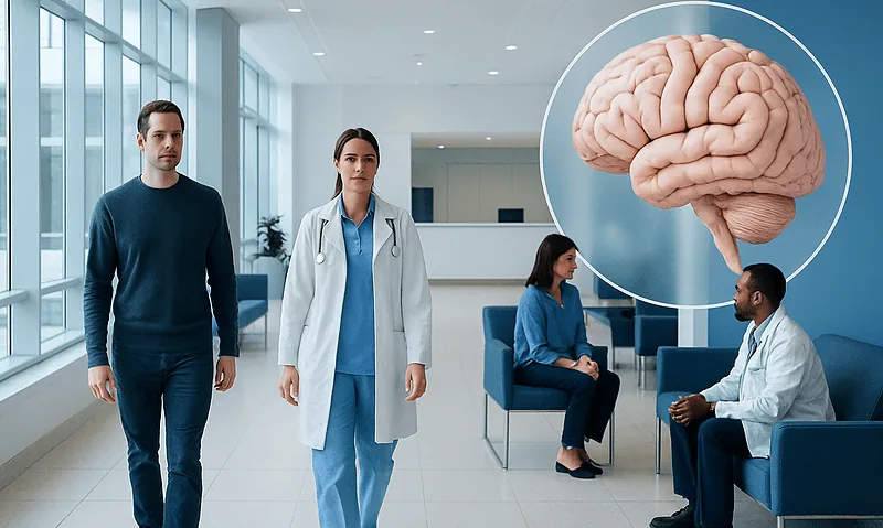 Medical professionals discussing brain health in a hospital lobby.