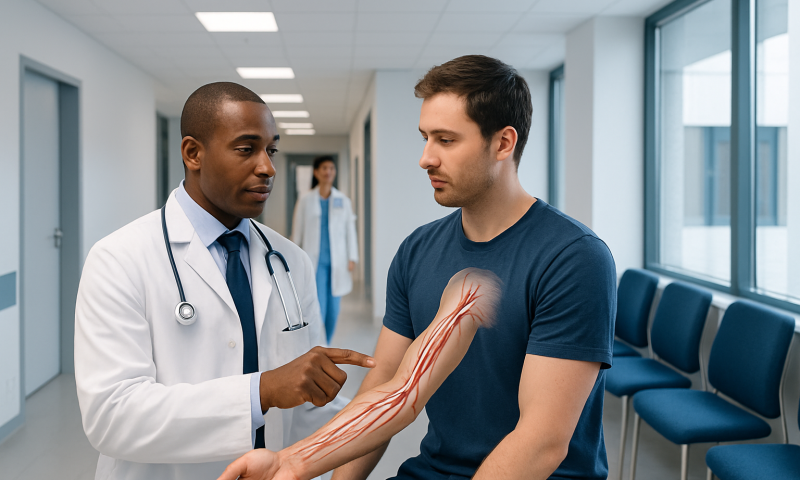 Doctor explaining arm anatomy to patient in hospital corridor.