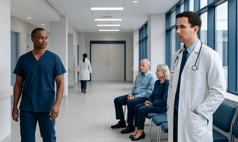 Medical professionals and patients in a hospital corridor at Acibadem Hospitals Group.