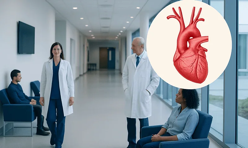 Medical team discussing heart health in hospital corridor with heart illustration.