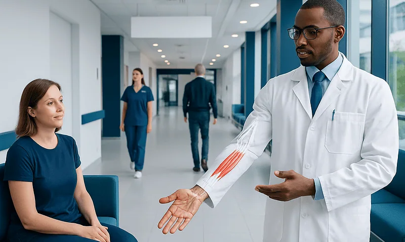 Doctor explaining arm muscles to patient in hospital corridor.
