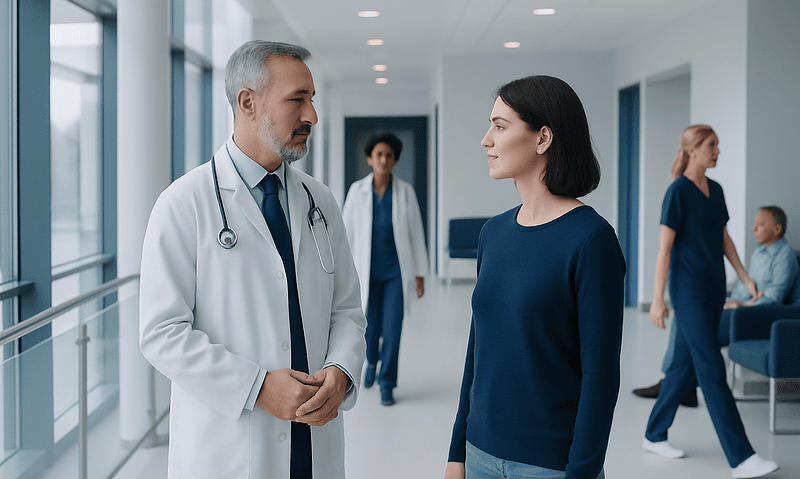 Doctor consulting a patient in a hospital corridor with medical staff in background.