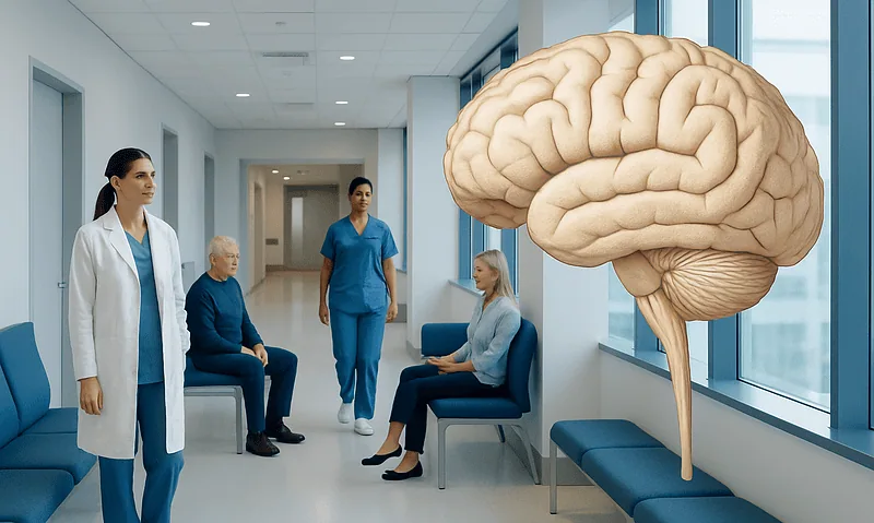 Medical staff and patients in a hospital corridor with a large brain model.