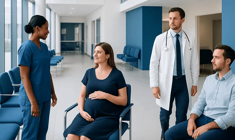Pregnant woman consulting with healthcare professionals in hospital corridor.
