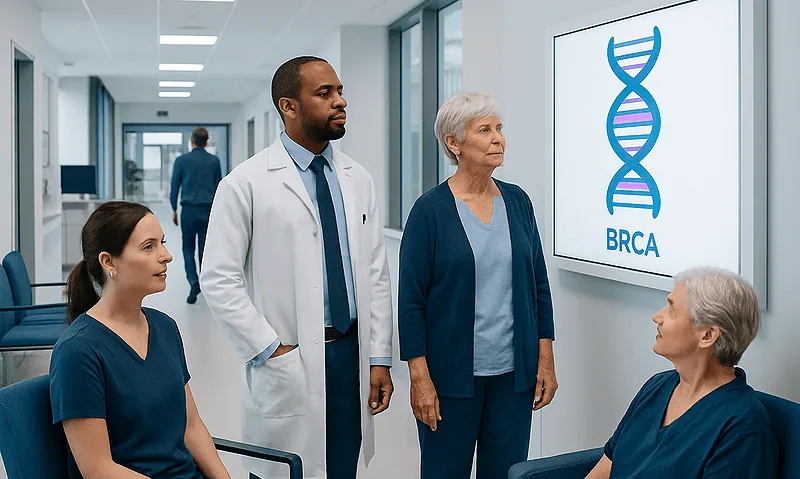 Medical team discussing BRCA gene testing in hospital corridor.
