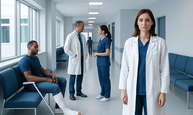 Medical professionals and patient in hospital corridor at Acibadem Hospitals Group.