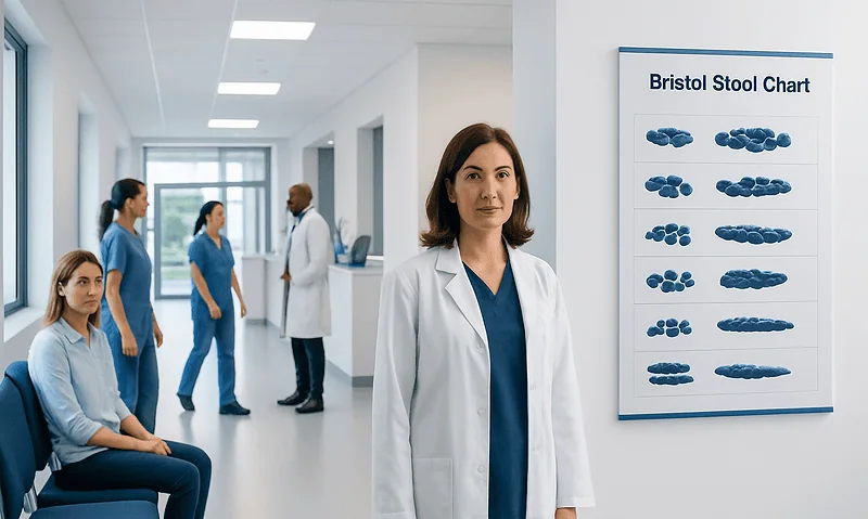 Healthcare professionals in a hospital corridor with Bristol Stool Chart.