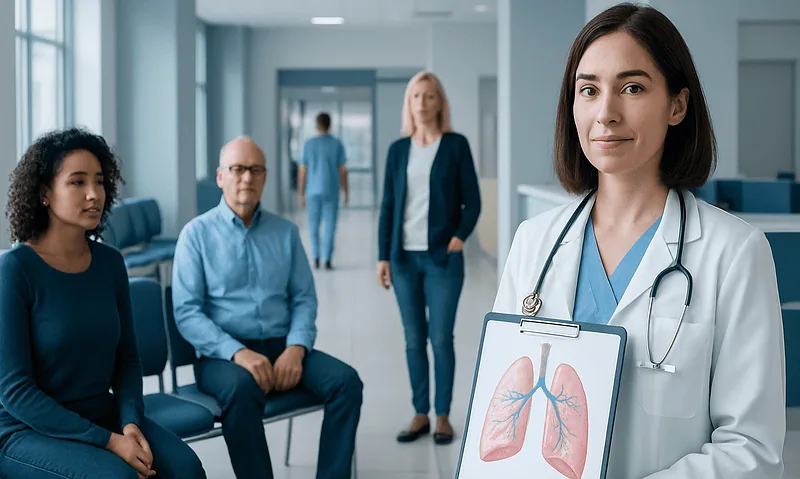 Doctor holding lungs diagram in a hospital corridor with patients and staff.