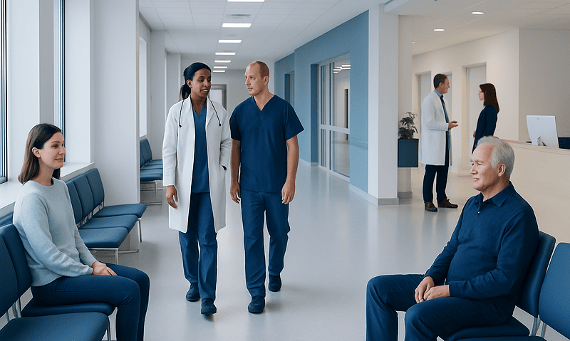 Medical professionals consulting with patients in a hospital corridor.