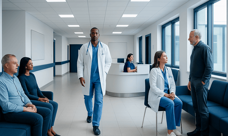 Medical consultation in a modern hospital waiting area with healthcare professionals and patients.