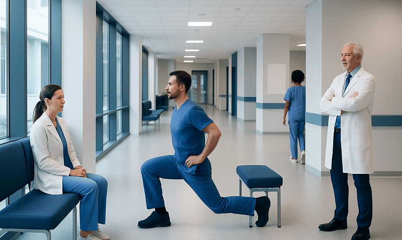 Doctor and nurse discussing patient care in hospital corridor.