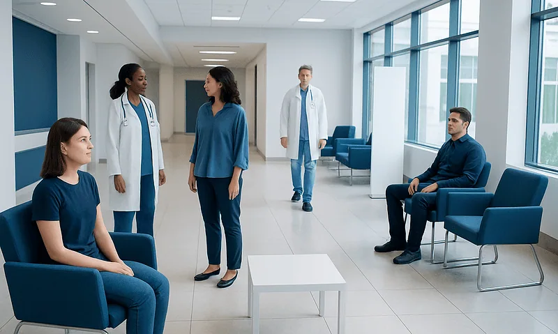 Medical consultation in hospital waiting area with healthcare professionals and patients.