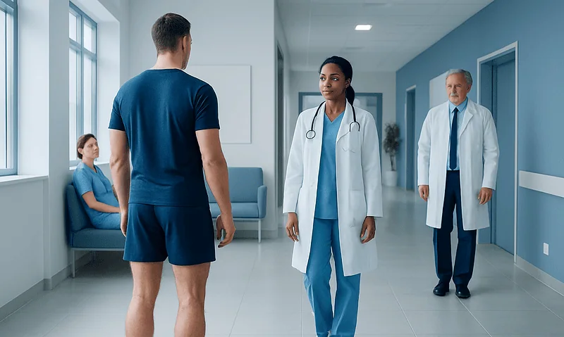 Patient and doctors in hospital corridor discussing health.