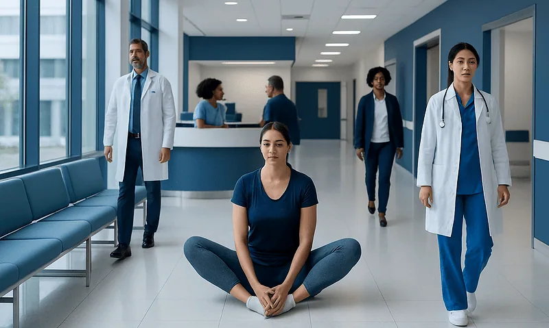 Medical professionals and a patient in a hospital corridor at Acibadem Hospitals Group.