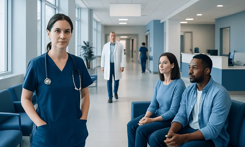 Healthcare professionals and patients in a modern hospital corridor.