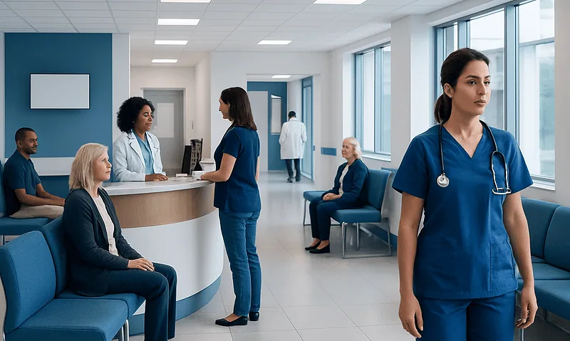 Healthcare professionals and patients in a modern hospital waiting area.