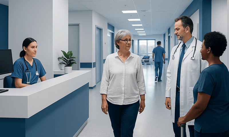 Healthcare professionals and patient in hospital corridor.
