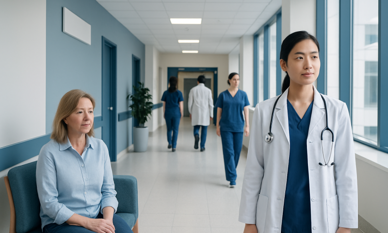 Medical professionals and patient in hospital corridor at Acibadem Hospitals Group.