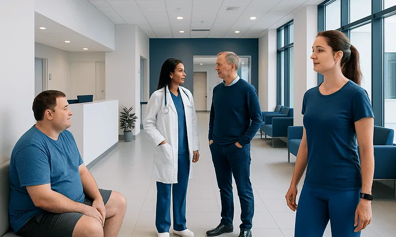 Medical team consulting with patient in hospital lobby.