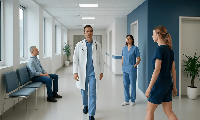 Calves — Explained by Medical Evidence, Not Myths 4 Medical team consulting in hospital corridor with patient waiting area.