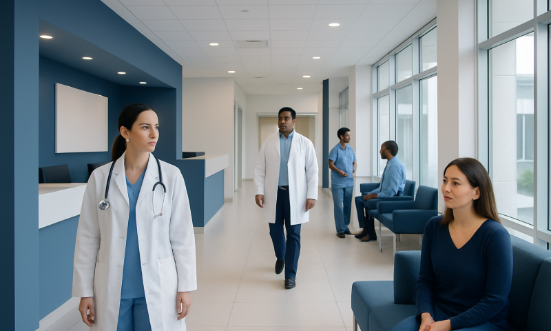 Medical staff and patients in a modern hospital waiting area.