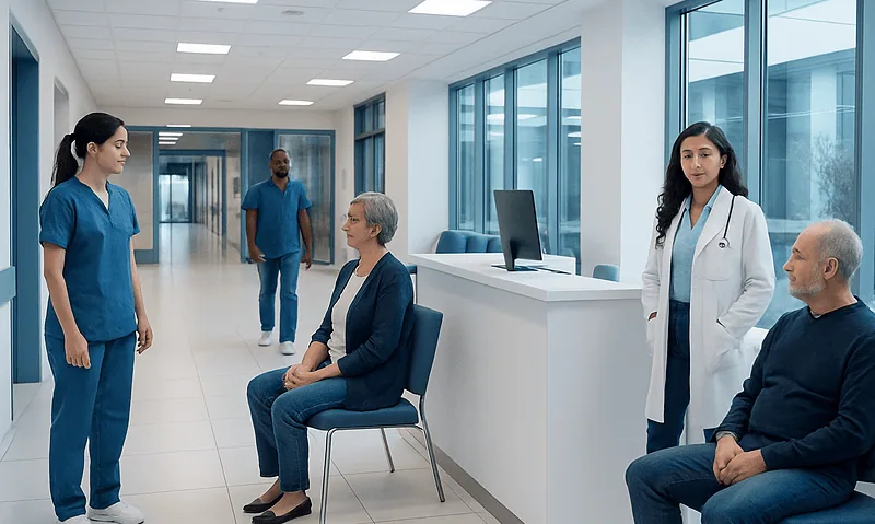 Medical professionals and patients in a hospital waiting area.