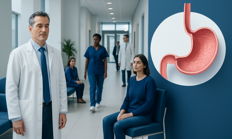 Doctor and patient in hospital corridor with stomach diagram.