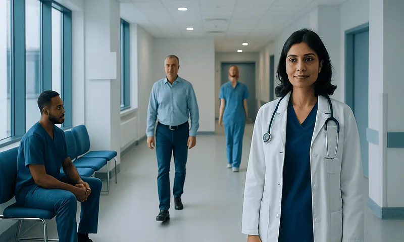 Medical team in hospital corridor with doctor and patients.