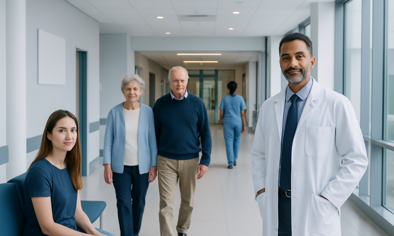 Healthcare professionals and patients in a hospital corridor.