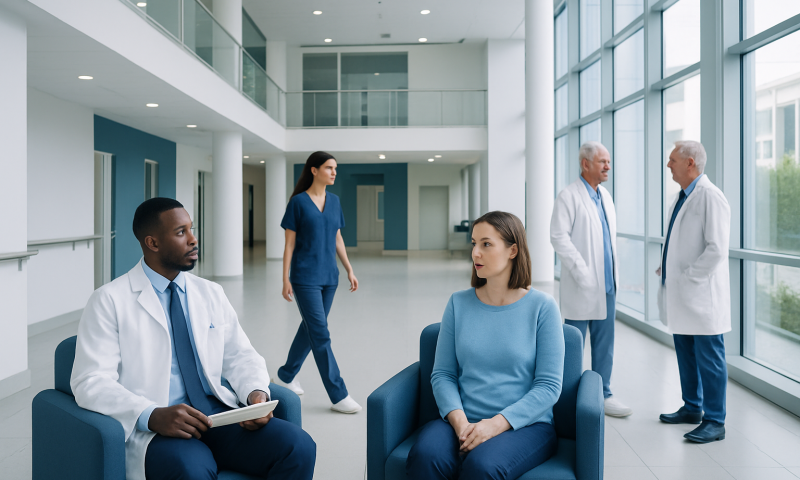 Medical consultation in a modern hospital lobby with doctors and patient.