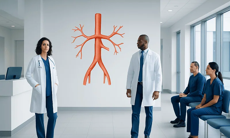 Medical team discussing the celiac trunk anatomy in hospital setting.