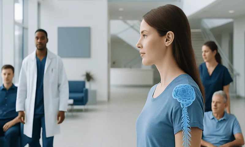Patient with brain illustration on shoulder in hospital waiting area.