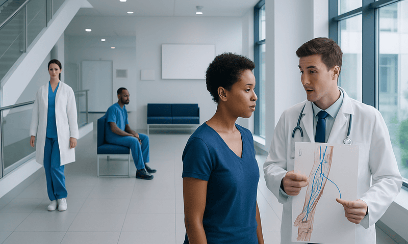 Doctor explaining cephalic vein to patient in hospital corridor.