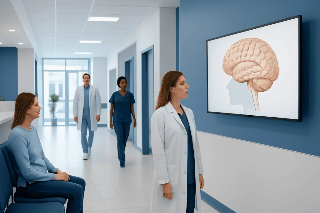Cerebellum: A Complete Medical Overview 1 Medical team viewing brain diagram in hospital corridor.