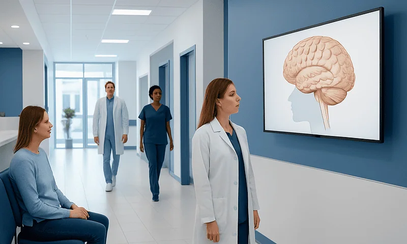 Medical team viewing brain diagram in hospital corridor.