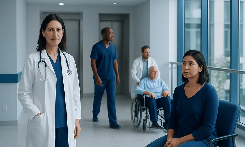 Medical team with patients in a hospital corridor at Acibadem Hospitals Group.
