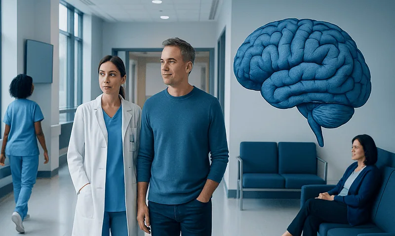 Medical professionals and patient in a hospital corridor with brain illustration.