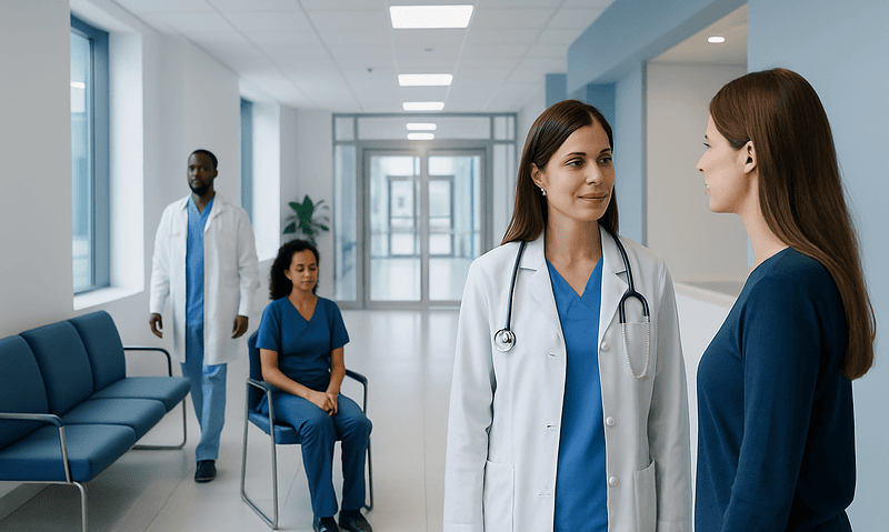 Medical professionals consulting in a hospital corridor.