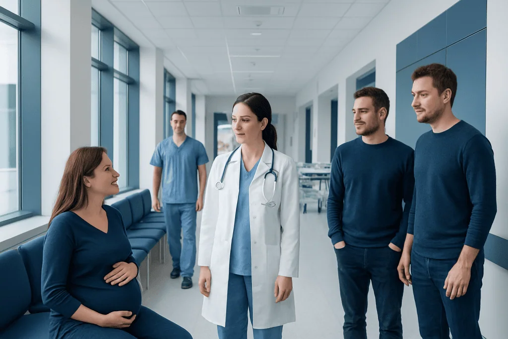 Chances of Have Twins — Explained by Medical Evidence, Not Myths 1 Pregnant woman consulting with doctors in hospital corridor.