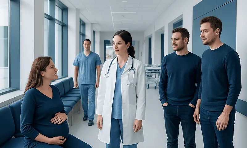 Pregnant woman consulting with doctors in hospital corridor.