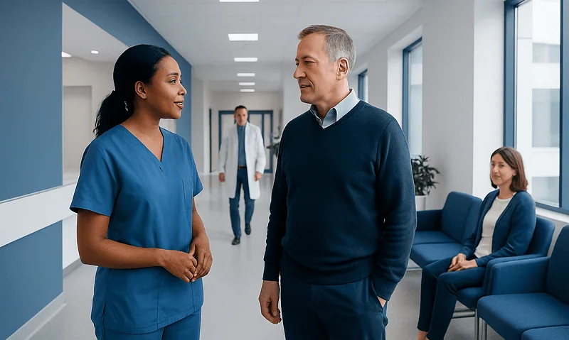 Cholesterol HDL Ratio: An Evidence-Based Guide for Patients 6 Doctor and patient having a conversation in a hospital corridor.