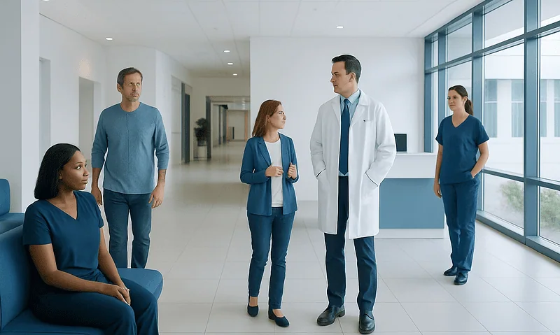 Medical team discussing patient care in hospital corridor.