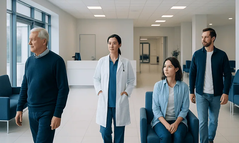 Medical team in hospital lobby with patients and staff.